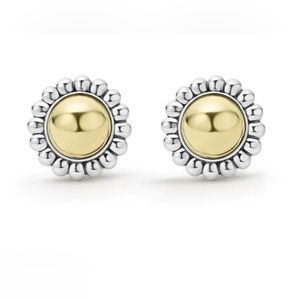 LAGOS CAVIAR HIGH BAR Round STERLING SILVER & 18K GOLD OMEGA CLIP Earrings $825